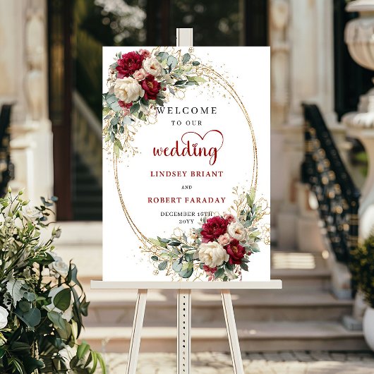 Rustic floral greenery gold wedding welcome sign ポスター