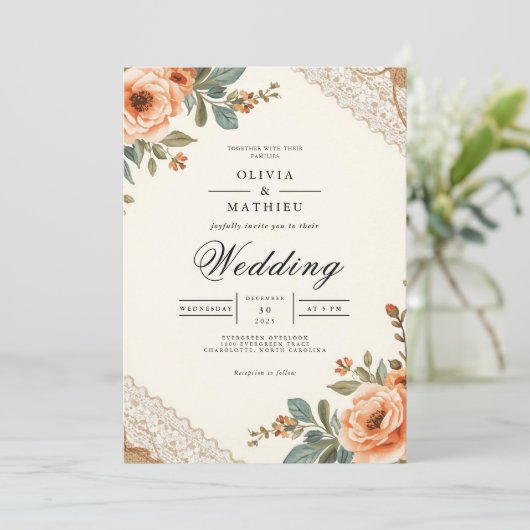 Rustic Floral Lace Wedding 招待状 (スタンド正面)