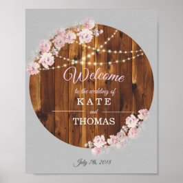 Rustic Floral Light Strings Wedding Welcome Sign ポスター