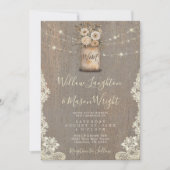 Rustic Floral Mason Jar String Lights Wood Wedding 招待状 (正面)