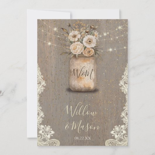 Rustic Floral Mason Jar String Lights Wood Wedding 招待状 (裏面)