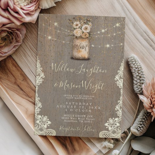 Rustic Floral Mason Jar String Lights Wood Wedding 招待状