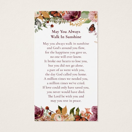 Rustic Floral Memorial Funeral Prayer Card (裏面)