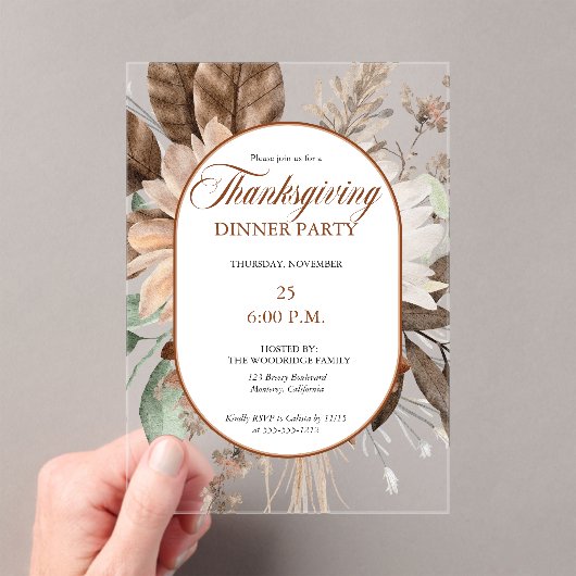Rustic Floral Muted Tones Thanksgiving Dinner アクリル招待状 (インサイチュ (ポータブル))