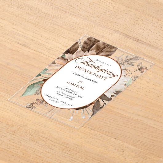 Rustic Floral Muted Tones Thanksgiving Dinner アクリル招待状 (レイダウン)