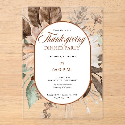 Rustic Floral Muted Tones Thanksgiving Dinner アクリル招待状 (正面)