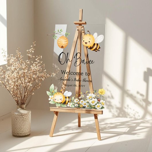 Rustic Floral Oh Babee Honey Bee Baby Shower アクリルサイン