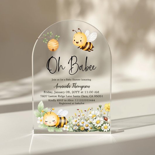 Rustic Floral Oh Babee Honey Bee Baby Shower アクリル招待状