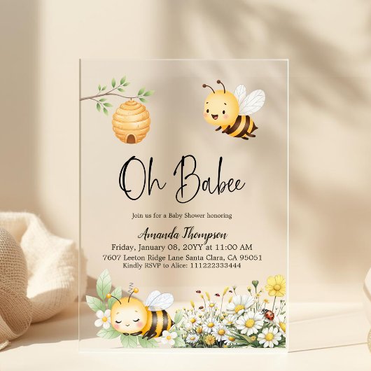 Rustic Floral Oh Babee Honey Bee Baby Shower アクリル招待状