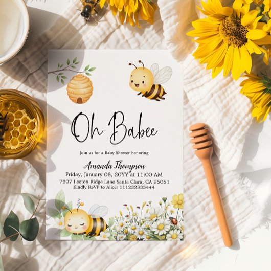 Rustic Floral Oh Babee Honey Bee Baby Shower 招待状