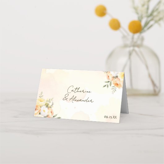Rustic Floral Peach Yellow Roses Wedding Reception プレイスカード (裏面)