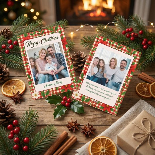 Rustic Floral Plaid 2 Photo Christmas Holiday Card シーズンカード