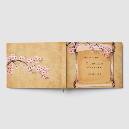 Rustic Floral Scroll Cherry Blossom Wedding ゲストブック (全面)