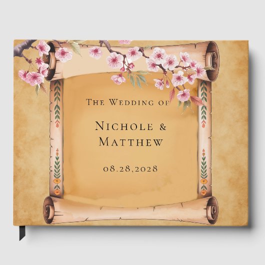 Rustic Floral Scroll Cherry Blossom Wedding ゲストブック (正面)