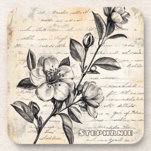 Rustic Floral Sketch with Calligraphy - Aged (2) コースター