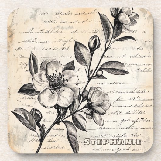 Rustic Floral Sketch with Calligraphy - Aged (2) コースター (正面)