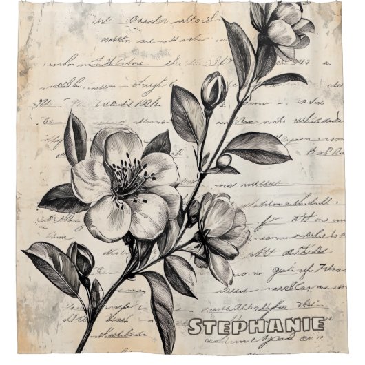 Rustic Floral Sketch with Calligraphy - Aged (2) シャワーカーテン (正面)
