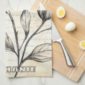 Rustic Floral Sketch with Calligraphy - Aged (4) キッチンタオル (四つ折り)