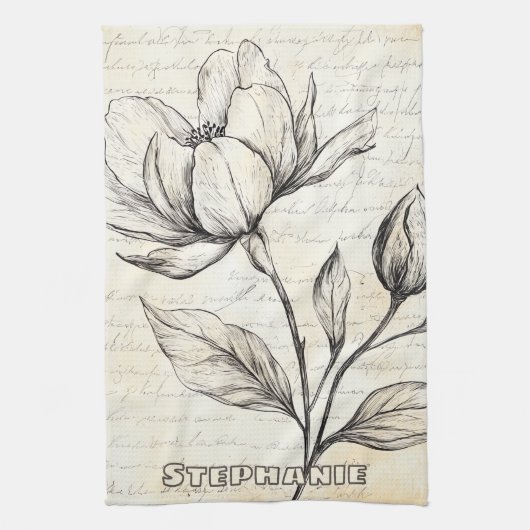 Rustic Floral Sketch with Calligraphy - Aged (4) キッチンタオル (縦)