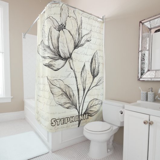 Rustic Floral Sketch with Calligraphy - Aged (4) シャワーカーテン (インサイチュ)
