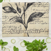 Rustic Floral Sketch with Calligraphy - Aged (5) キッチンタオル (折り畳み)