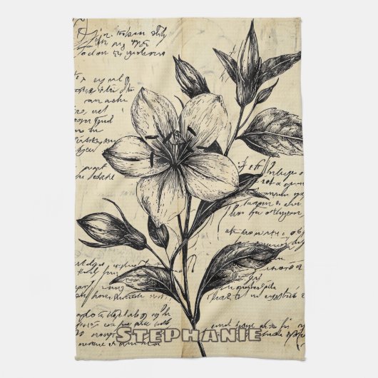 Rustic Floral Sketch with Calligraphy - Aged (5) キッチンタオル (縦)