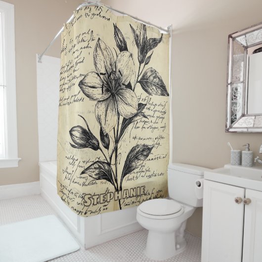 Rustic Floral Sketch with Calligraphy - Aged (5) シャワーカーテン (インサイチュ)