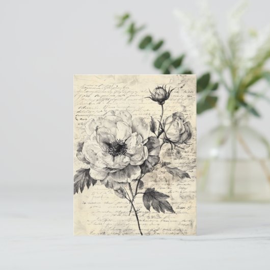 Rustic Floral Sketch with Calligraphy - Aged (7) ポストカード (スタンド正面)