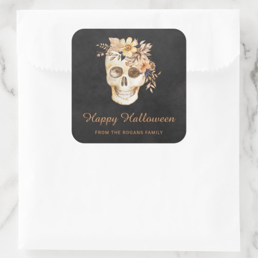 Rustic Floral Skull Halloween スクエアシール (バッグ)