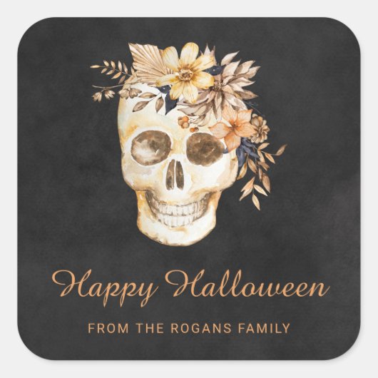 Rustic Floral Skull Halloween スクエアシール (正面)