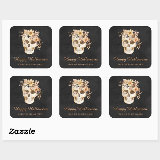Rustic Floral Skull Halloween スクエアシール (シート)