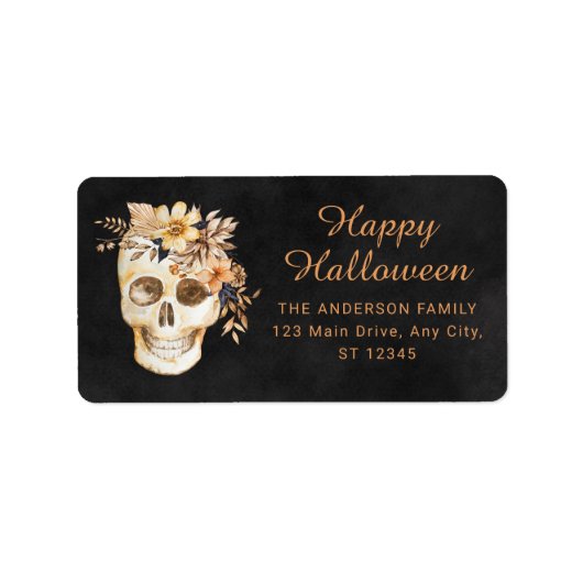 Rustic Floral Skull Halloween ラベル (正面)