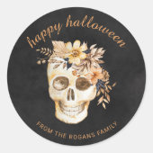 Rustic Floral Skull Halloween Square Sticker ラウンドシール (正面)