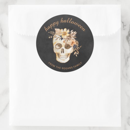 Rustic Floral Skull Halloween Square Sticker ラウンドシール (バッグ)
