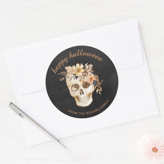 Rustic Floral Skull Halloween Square Sticker ラウンドシール (封筒)