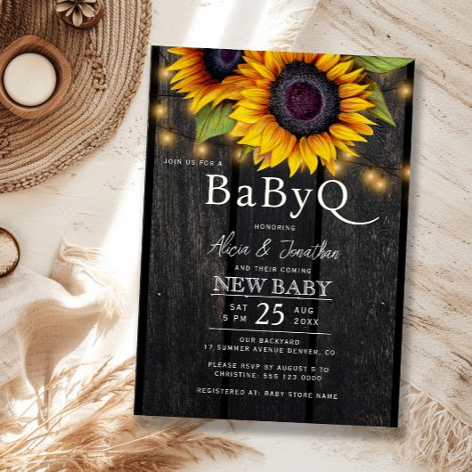 Rustic floral sunflower barbecue BabyQ baby shower 招待状