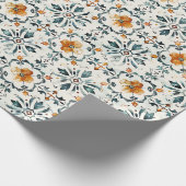 Rustic Floral Tile Wrapping Paper, Orange & Teal  ラッピングペーパー (角)