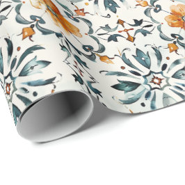 Rustic Floral Tile Wrapping Paper, Orange & Teal  ラッピングペーパー