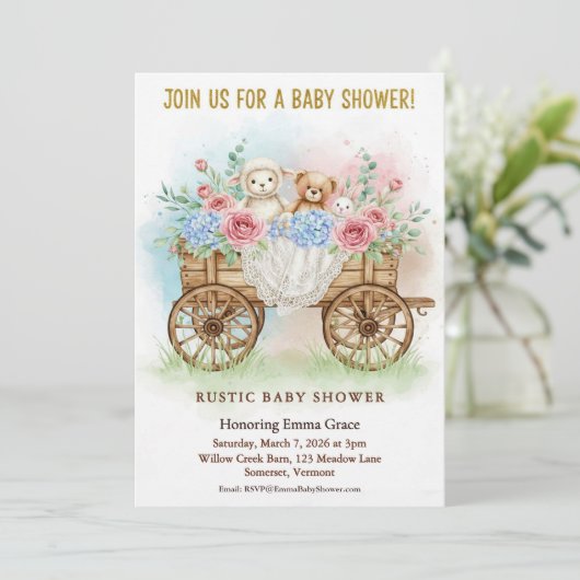 Rustic Floral Wagon Baby Shower Invitation 招待状 (スタンド正面)