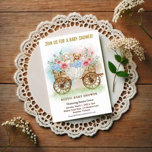 Rustic Floral Wagon Baby Shower Invitation 招待状