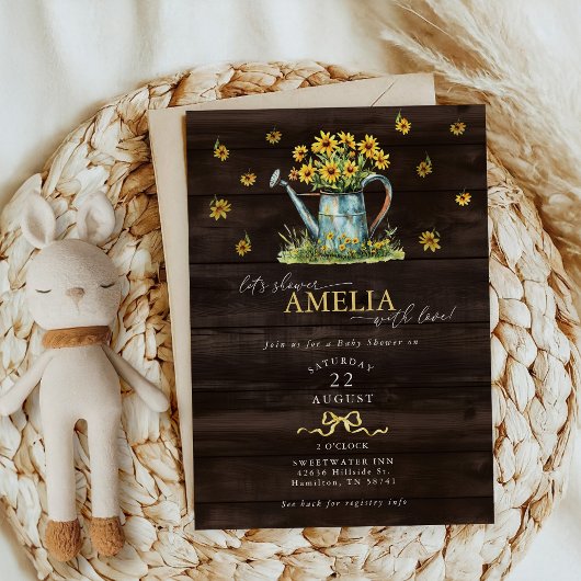 Rustic Floral Watering Can Baby Girl Shower 招待状