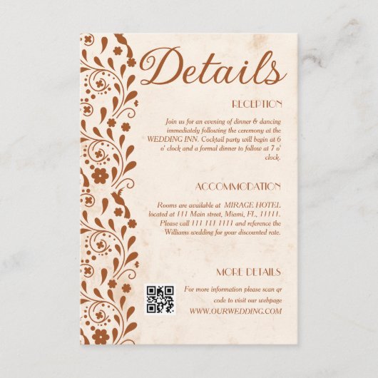 Rustic Floral Wedding Details QR code エンクロージャーカード (正面)