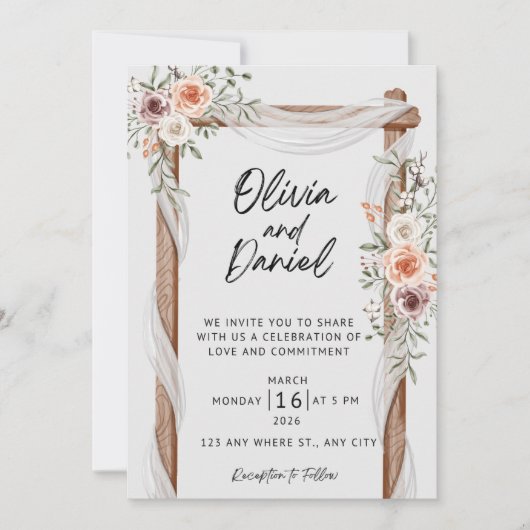 Rustic Floral Wedding Invitation, Elegant Boho Wed 招待状 (正面)