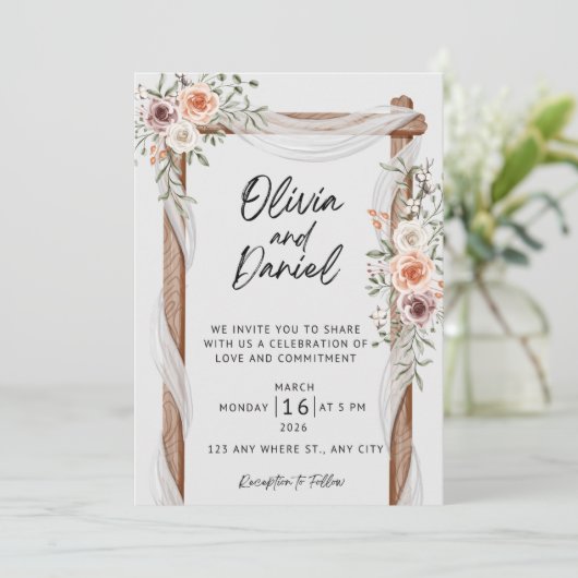 Rustic Floral Wedding Invitation, Elegant Boho Wed 招待状 (スタンド正面)