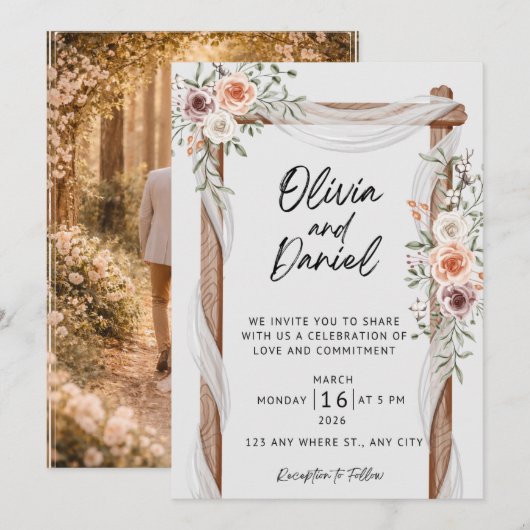 Rustic Floral Wedding Invitation, Elegant Boho Wed 招待状 (正面/裏面)