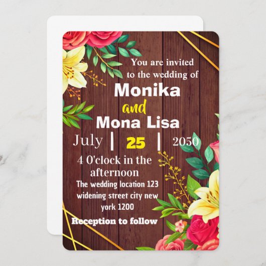 Rustic Floral Wedding Invitation with Wooden 招待状 (正面/裏面)