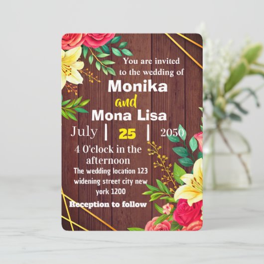 Rustic Floral Wedding Invitation with Wooden  招待状 (スタンド正面)