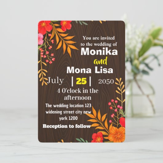 Rustic Floral Wedding Invitation with Wooden  招待状 (スタンド正面)