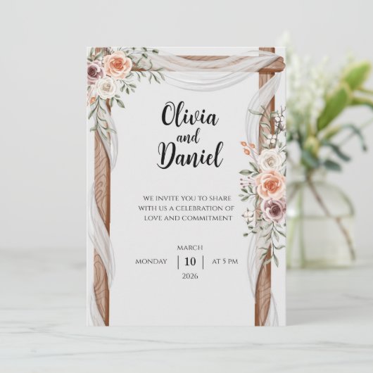 Rustic Floral Wedding Invitation with Wooden Arch 招待状 (スタンド正面)