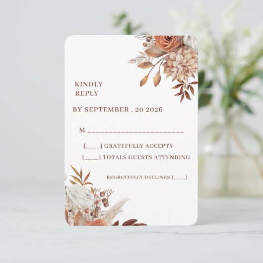 Rustic Floral Wedding RSVP Card – Earthy Elegance (スタンド正面)